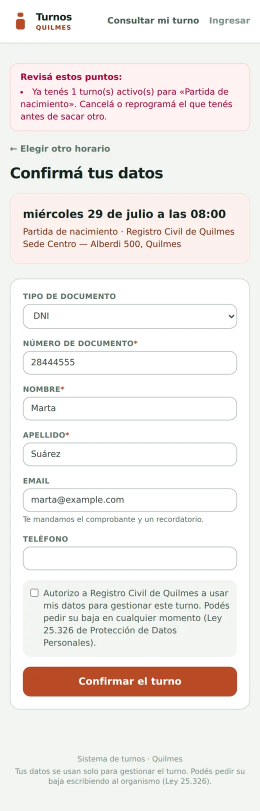 Comprobante de turno en el celular, con el código y el QR