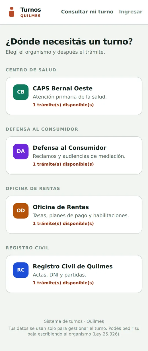 Portal público en el celular: listado de organismos con turnos disponibles